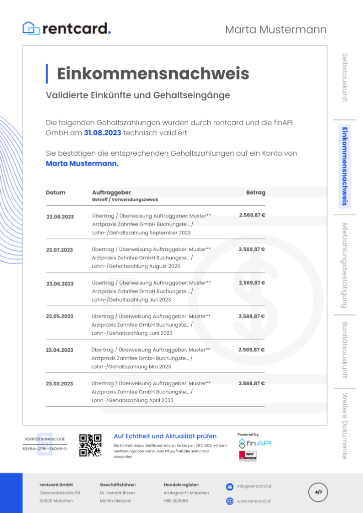 Beispiel Einkommensnachweis Vorlage rentcard